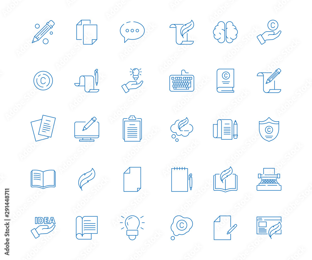 Copywriting icon. Write articles pen symbol content blog books vector linear pictures collection. Illustration copyright and linear icons blogging