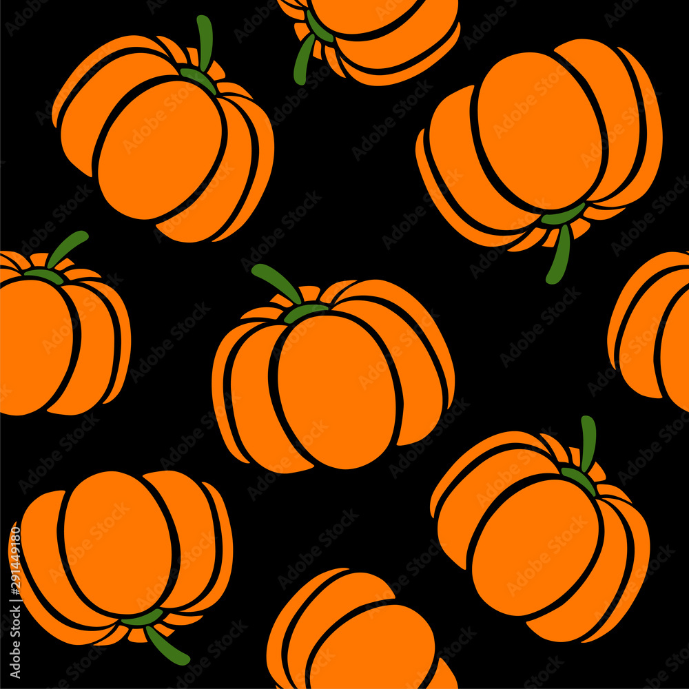 Cartoon pumpkins on a black background. Simple vector background Cute autumn pattern Seamless textile. design for greeting card and invitation of seasonal fall holidays, halloween, thsanksgiving