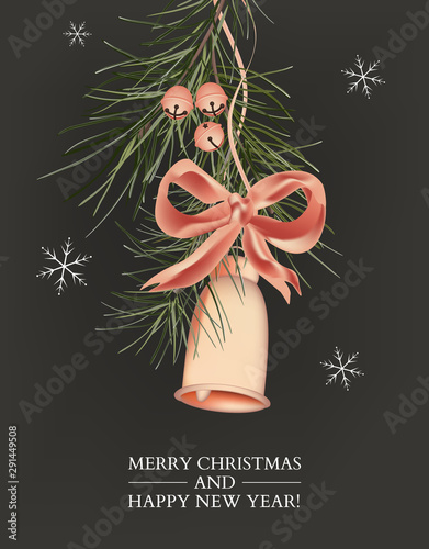 Jingle bells Christmas card with pine branch, golden stars and hand-drawn greeting text.  New Year decoration for advertising, poster, invitations, wallpaper, textile, typography