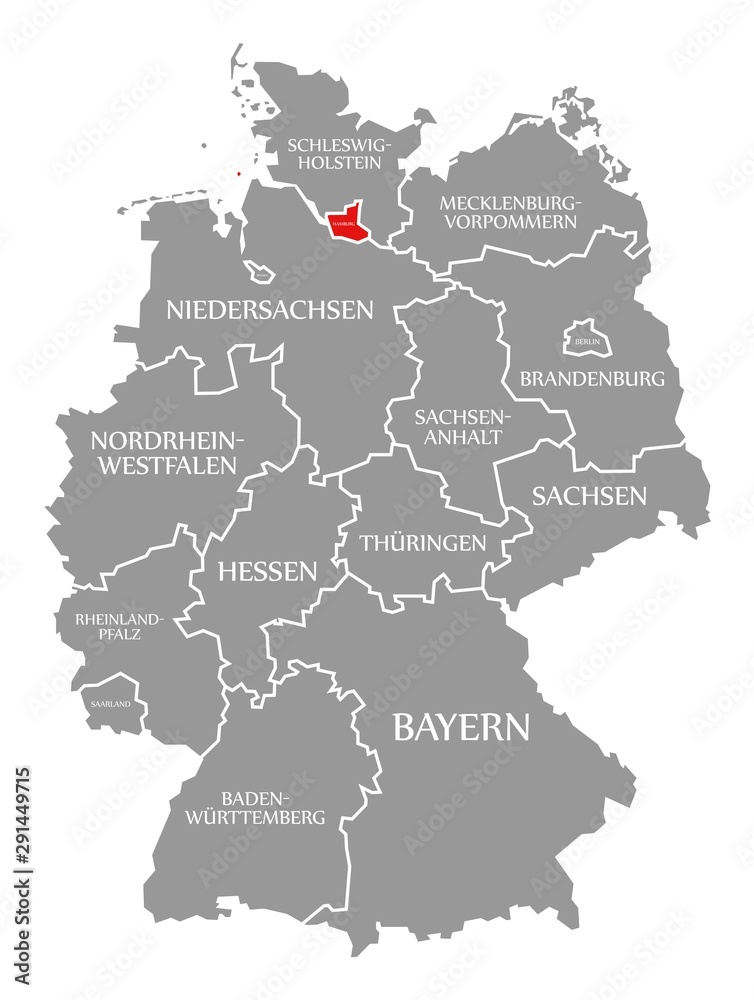 Hamburg red highlighted in map of Germany