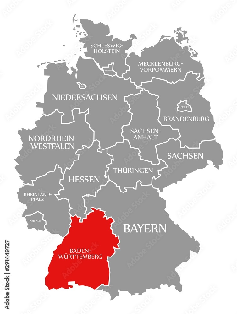 Baden Wuerttemberg red highlighted in map of Germany
