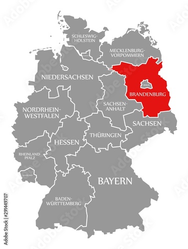 Brandenburg red highlighted in map of Germany