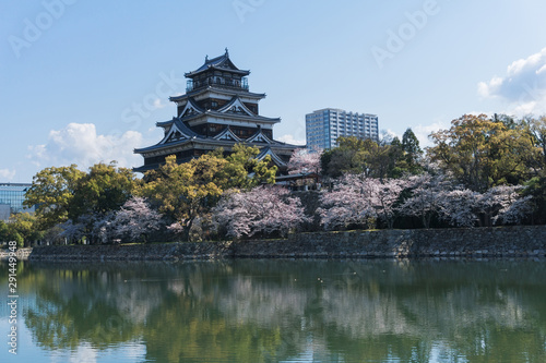 Hiroshima castle with sakura flower blooming © anujakjaimook