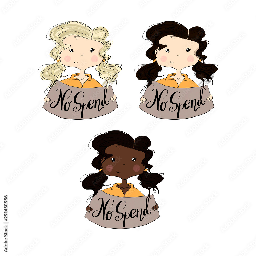 No Spend Set Brunette Blonde African American Girls Isolated On A White Background Hand Drawn Illustration No Spend Set Brunette Blonde African American Girls Isolated On A White Background Hand Drawn Illustration