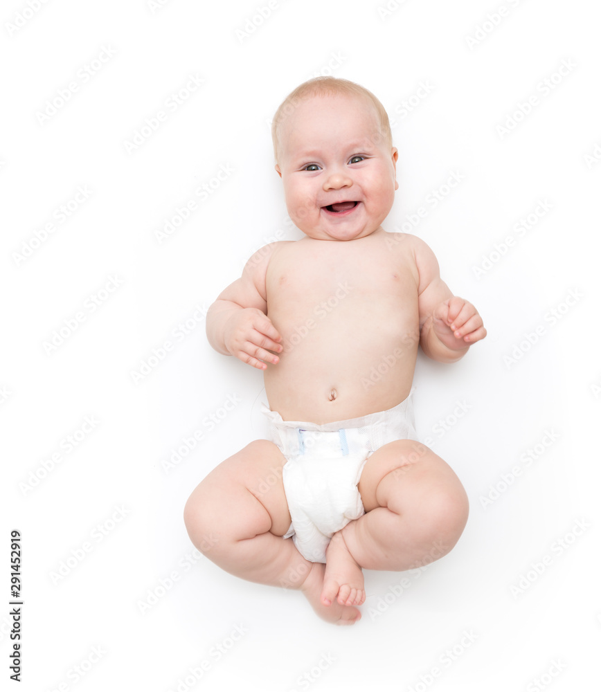 naked baby in a diaper on a white background laugh naked baby in a diaper on a white background laugh
