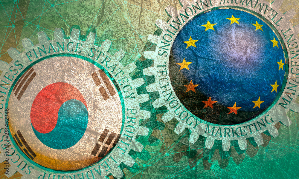 Business relative words on the mechanism of gears. Communication concept in industrial design. Connected lines with dots background. European Union and South Korea business cooperation