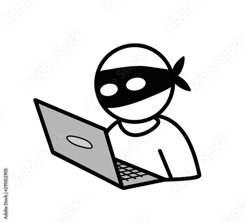 Cyber thief, internet scammer. Thief steals money from online wallet, credit card. Data theft. Poster for web page, banner, presentation, social media. Flat design vector illustration
