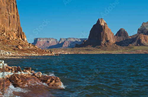 The lake powell canyon landscape along the red rock shores. 