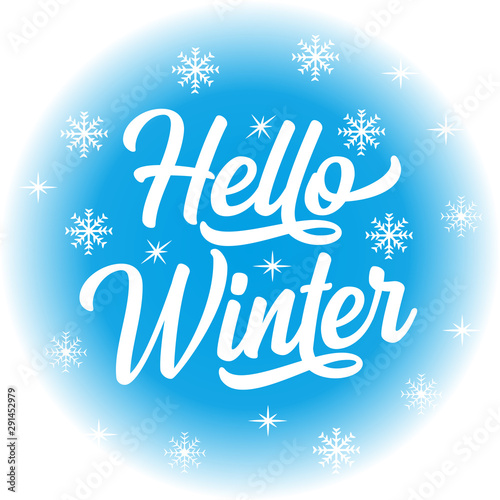 Hello Winter and Christmas greeting card template with text on snowfall patterned lightblue background. For t-shirt, pster, banner, souvenir, and card.