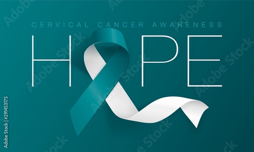 Cervical Cancer Awareness Calligraphy Poster Design. Hope. Realistic Teal and White Ribbon. January is Cancer Awareness Month. Vector. Illustration