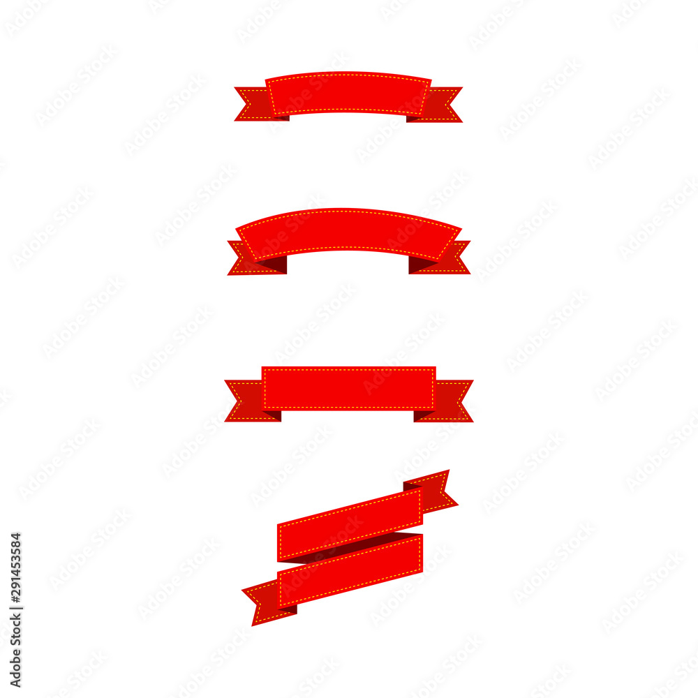 red ribbons with yellow lines. christmas red ribbons isolated on white background. collection of four red ribbons in trendy flat christmas design. empty christmas banners. banners