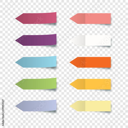 Set of colorful stickers. Collection oblong colorful arrow shaped sticker with peeling off edge realistic style for labeling information. Stickers notes isolated on transparent background