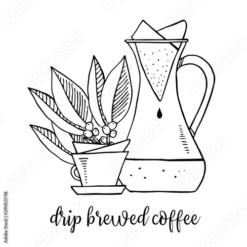 Drip brewed coffee. Composition with carafe, cup and coffee leaves. Hand drawn outline sketch illustration