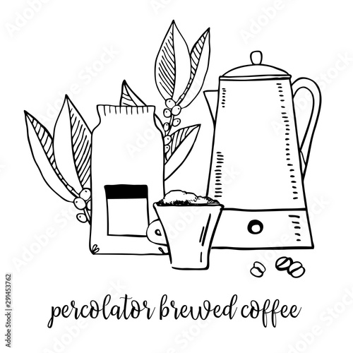 Coffee brewed in percolator. Composition with utensils, paper bag and coffee leaves. Hand drawn outline sketch illustration