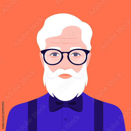 Portrait of an old hipster man in a suit with a bow tie. Avatar fashion grandfather. Vector illustration in flat style