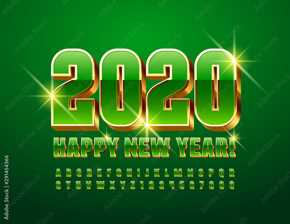 Vector chic poster Happy New Year 2020! 3D Green and Gold Font. Premium Uppercase Alphabet Letters and Numbers