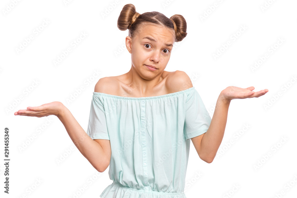 Teen girl showing helpless gesture with hands - I do not know. Cute young teenager, isolated on white background. Shrugging, confused child making helpless sign and looking at camera. Teen girl showing helpless gesture with hands - I do not know. Cute young teenager, isolated on white background. Shrugging, confused child making helpless sign and looking at camera.
