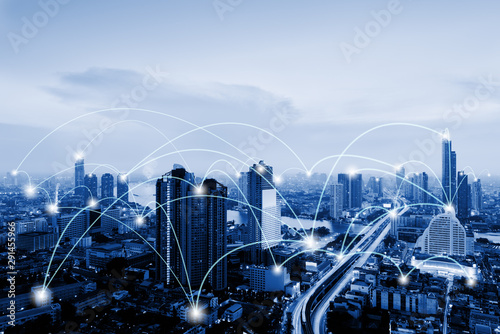 Network Telecommunication and Communication Connect Concept, Connection 5G Networking System of Infrastructure and Cityscape at Night Scenery. Technology Digital Connectivity and Information Transfer photo