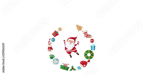Cartoon cute New Year and Christmas card with Santa Claus and Christmas elements. Animation video in flat style. Greeting e-card.