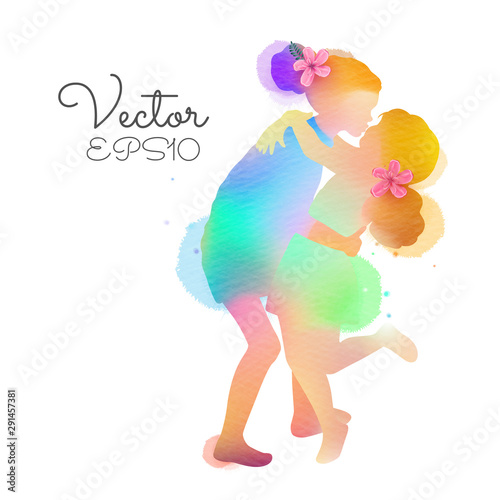 Two happy adorable little sisters hugging each other silhouette plus abstract watercolor painted. Siblings warm hug. Double exposure illustration. Digital art painting. Vector illustration.