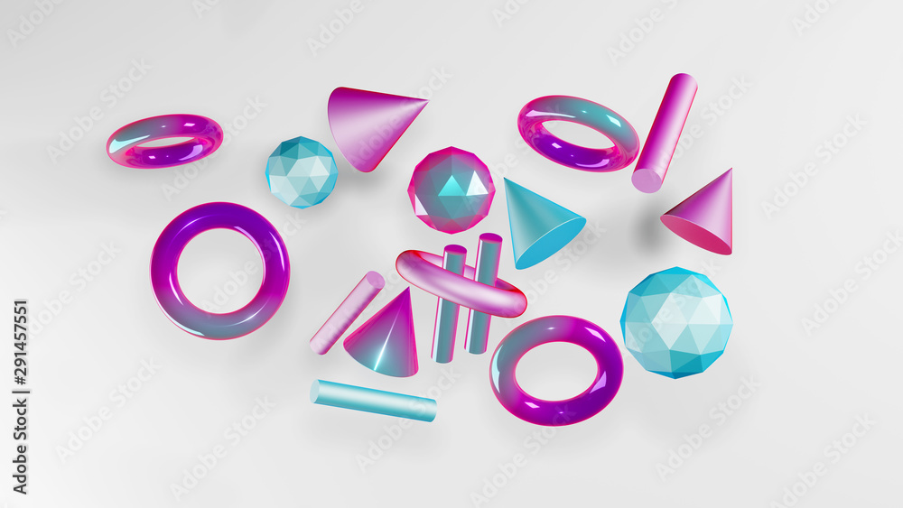 Balls, cylinders, cones in pink, blue and purple tones on a white background.