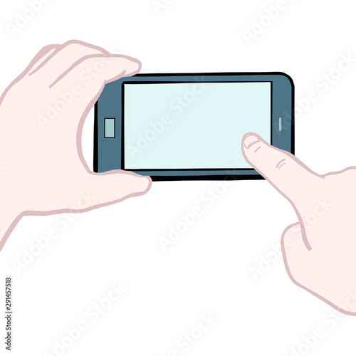 colored vector illustration of two hands holding a smartphone across and pointing or pushing on it. screen, gesture, isolated, blank.