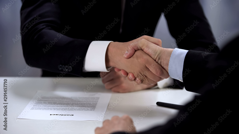 Businessmen shaking partners hand, signed contract, cooperation close-up