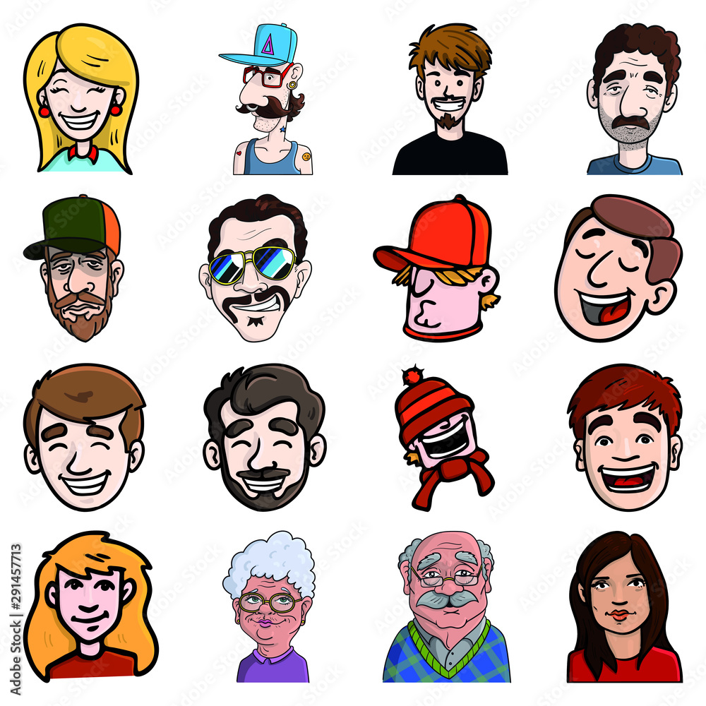 colorful set of 16 avatar heads of different people. business woman, hipster, boy, imegrant, worker, macho, youth, granny, grandpa, woman, man. colorful set of 16 avatar heads of different people. business woman, hipster, boy, imegrant, worker, macho, youth, granny, grandpa, woman, man.