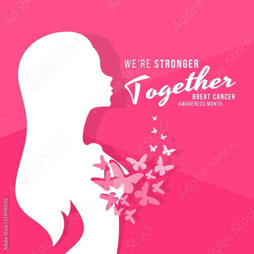 Breast cancer awareness month banner with abstract butterfly fly out of the breast and we are stronger together text vector design