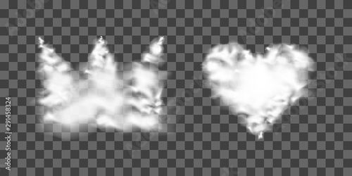 A crown and heart shapes of white clouds. Smoke effect. Vector illustration on a transparent background.