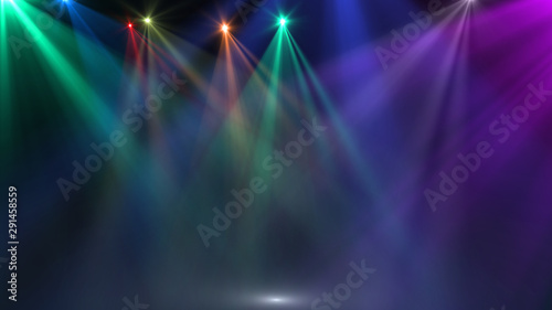 abstract of empty stage with colorful spotlights or Several bright projectors for scene lighting effects . can be used for display or montage your products