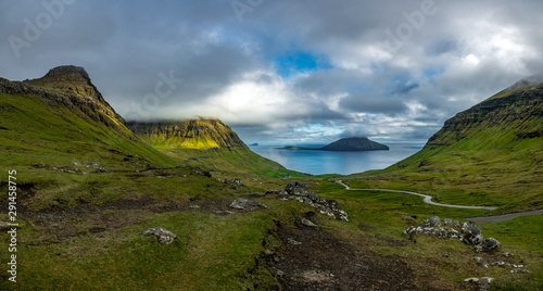Panorama of valley in Faroe Islands with road