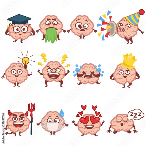 Emoji of human brain, faces and emotions, brainy character isolated icons