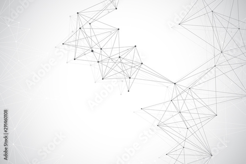 Global network connection. Geometric abstract background with connected line and dots. Network and connection background for your presentation. Graphic polygonal background. Vector illustration.