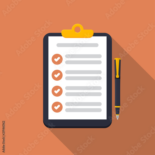 Clipboard with checklist and pen icon in a flat design with long shadow