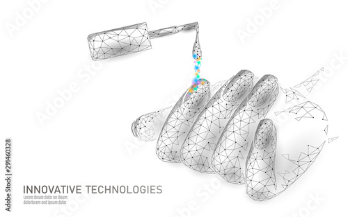 Low poly modern nail polish care technology. Innovative spa salon mani hand fingertips strengthener formula. Nail protection shield female cosmetics ad concept vector illustration