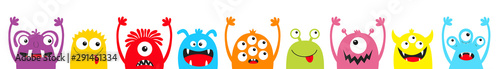 Monster colorful silhouette head face icon set line. Happy Halloween. Eyes, tongue, tooth fang, hands up. Cute cartoon kawaii scary funny baby character. White background. Flat design.