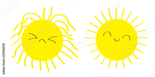 Sleepy Wake up sun shining icon set. Kawaii face with different emotions. Before After. Cute cartoon funny sad happy character. Hello summer. White background. Isolated. Baby collection. Flat design.