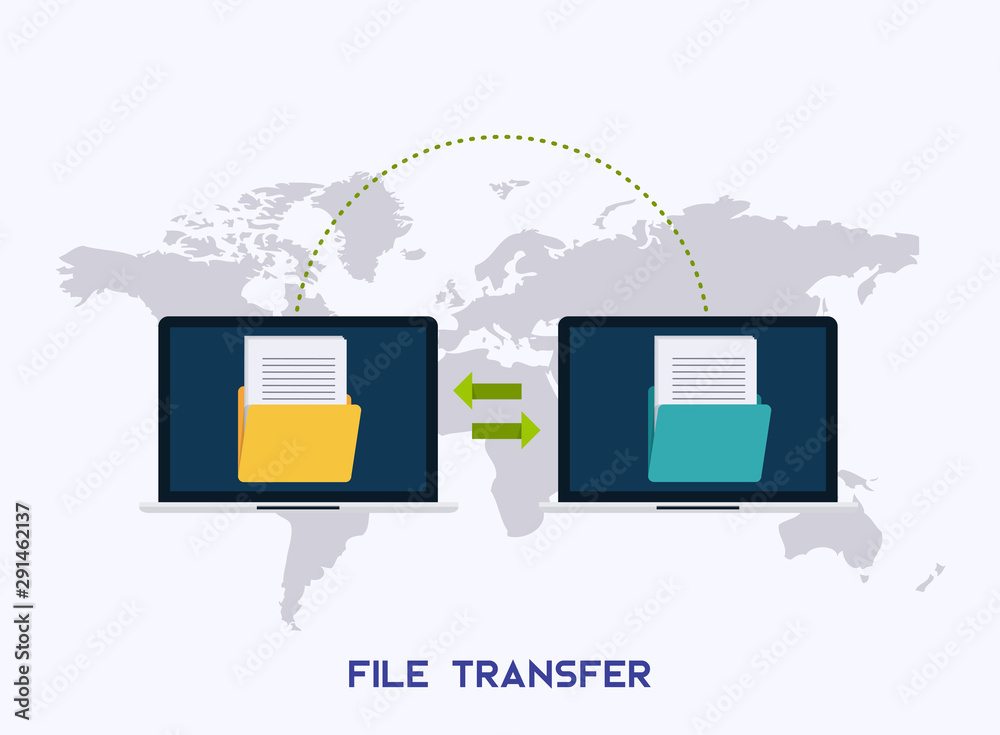 Transfer files. Laptops with folders on screen and transferred ...