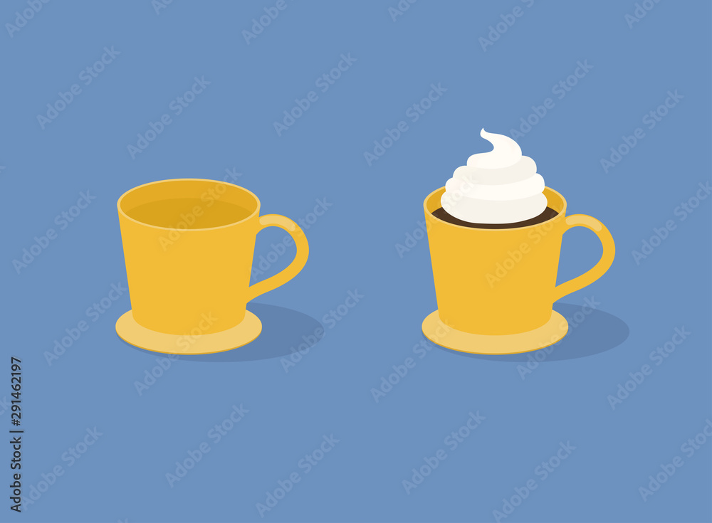 Cup of Coffee on blue background. Empty and full. Flat vector illustration. Cup of Coffee on blue background. Empty and full. Flat vector illustration.