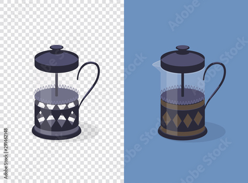 French press coffee maker on transparent and blue background. Empty and full. Flat vector illustration.