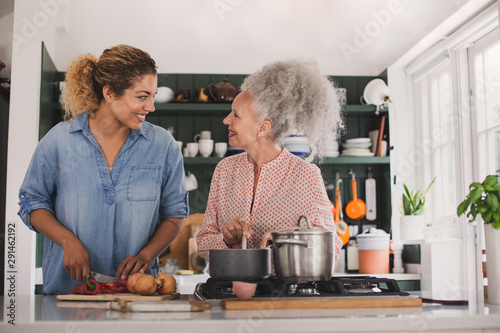 Senior adult woman cooking a meal with daughter