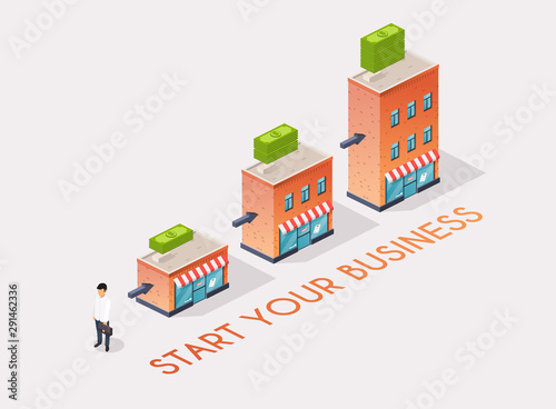 Businessman starts his own business. Isometric flat design modern vector illustration concept.
