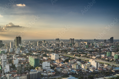 Aerial view of Phnom Penh at sunset, Cambodia
