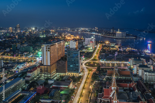 Aerial view of Phnom Penh by night, Cambodia photo