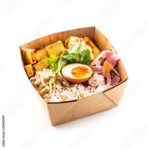 Japanese asian meal in a box of recycled paper isolated on white background. photo