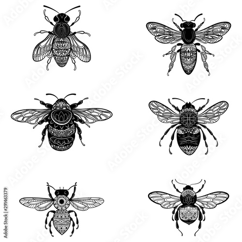 Set of bees in zentangle style. Collection of flies with ornaments. Black and white vector illustration of stylized insects. Tattoo. photo