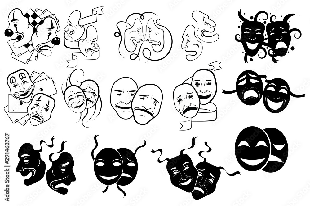 Set of tragedy and comedy theater masks . Collection of theater masks