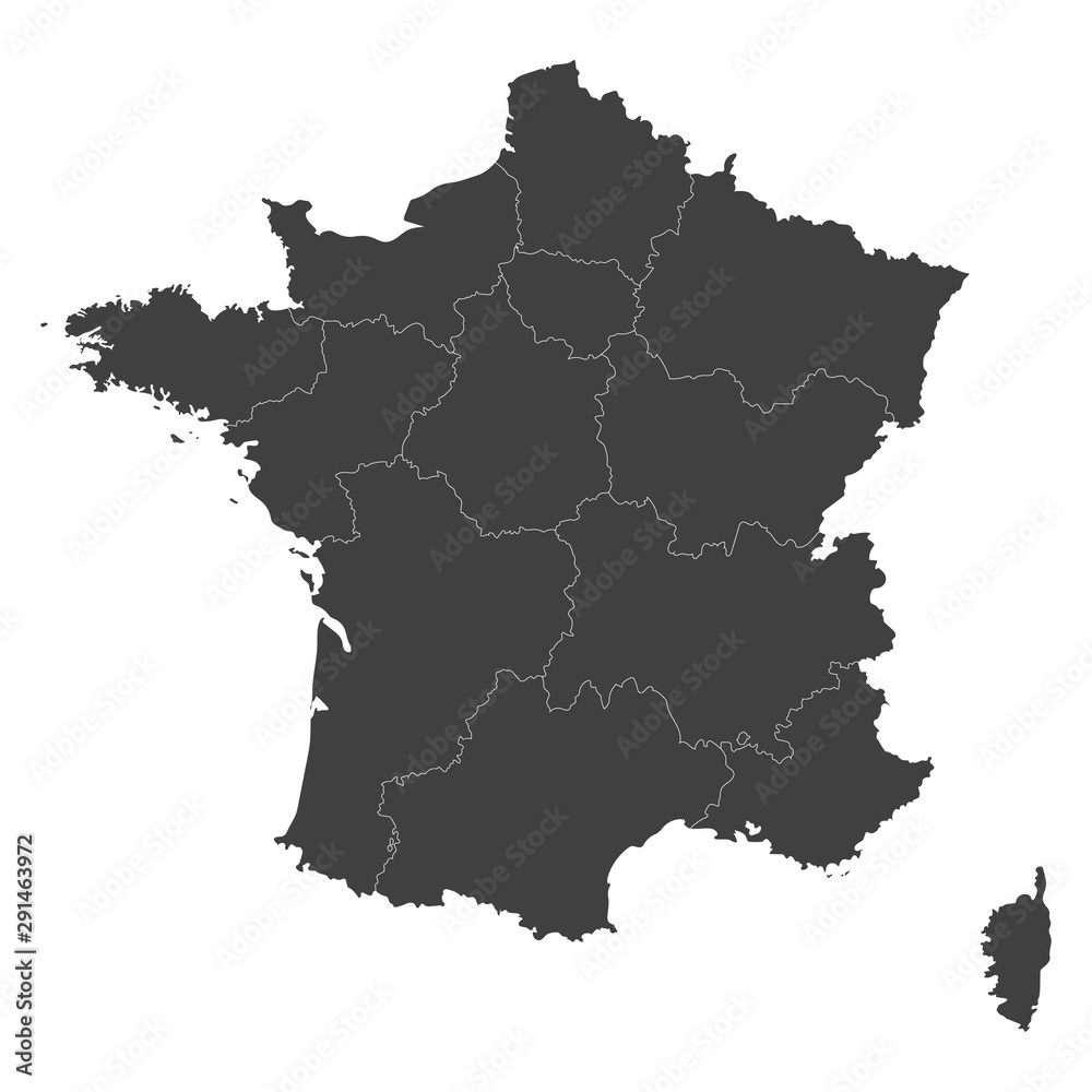 France map with selected regions in black color on a white background