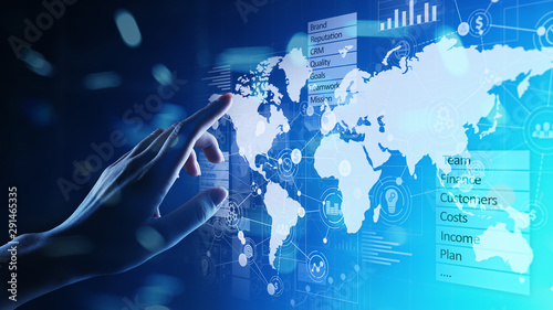 Business and marketing strategy dashboard, Data analysis control panel on virtual screen.